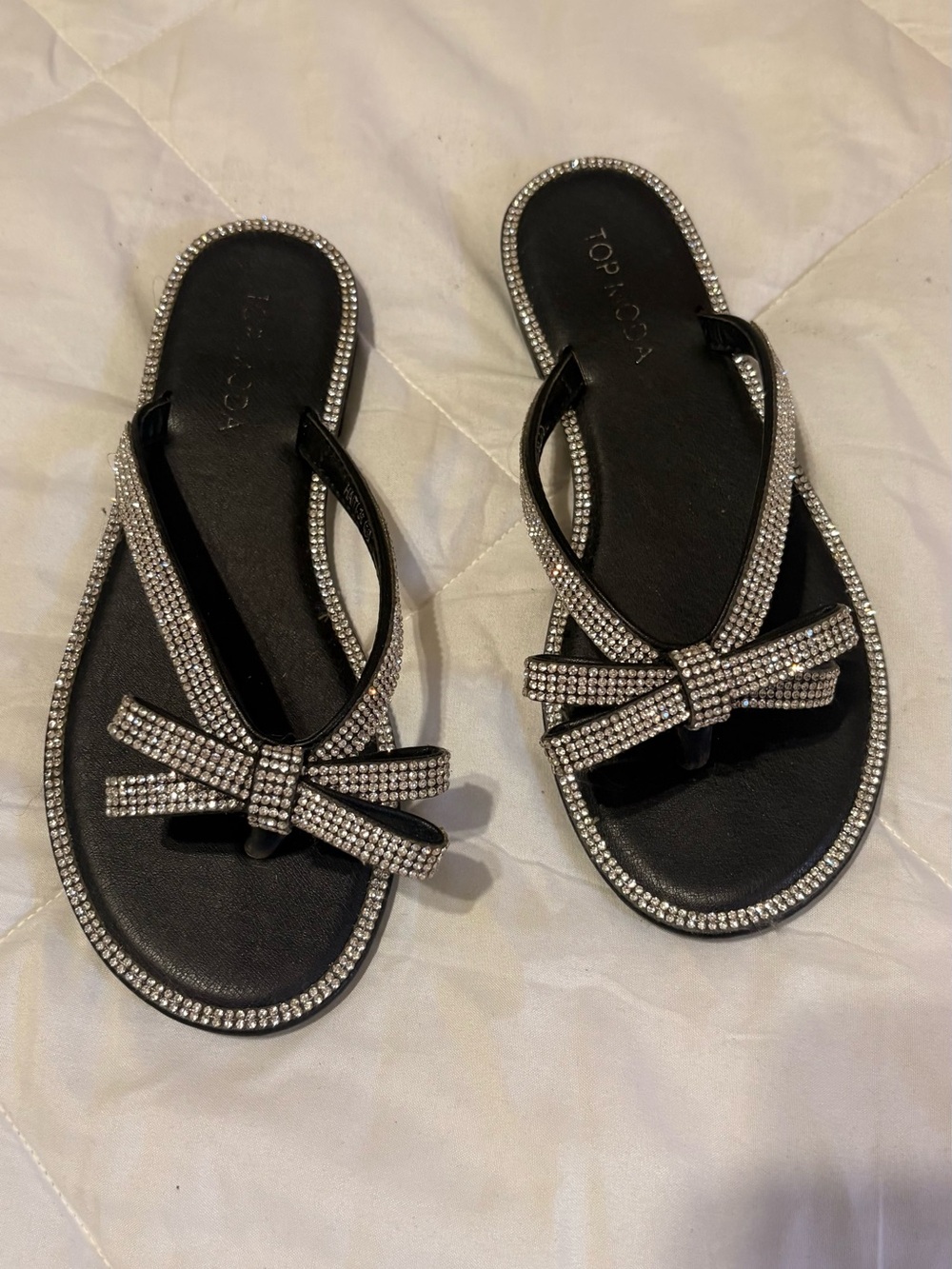 TOP Moda Black Rhinestone Bow Flip Flop Sandals
